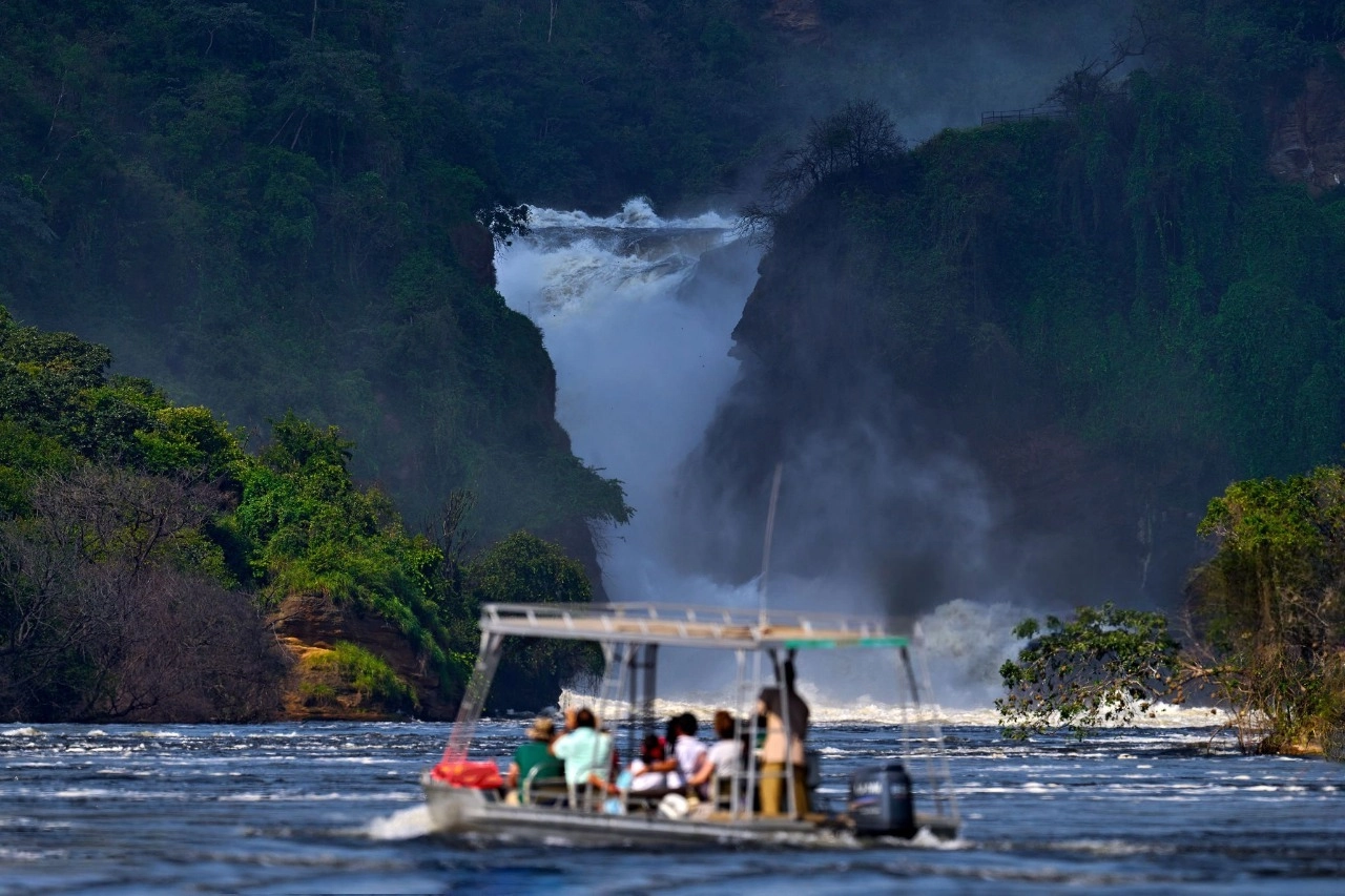 boat cruising over Murchison Falls in Uganda